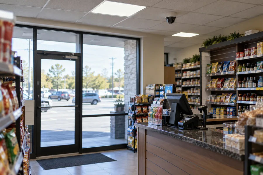 Dome camera over the register of a small shop