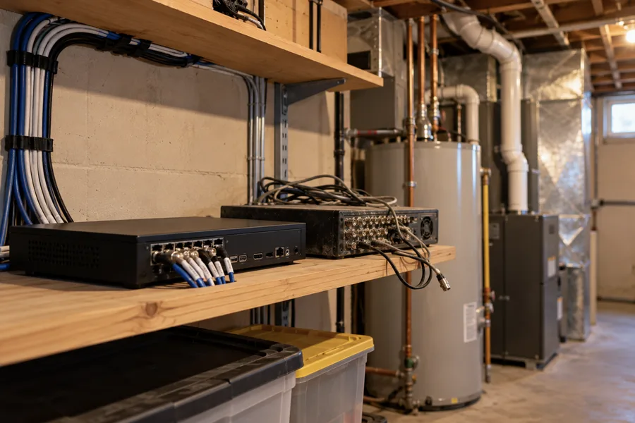 Old DVR replaced by a new recorder on a basement shelf