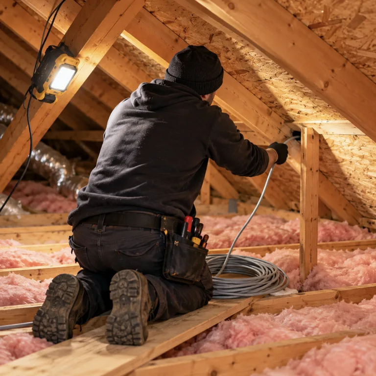 Technician running camera cable through an attic above a garage